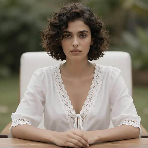 Serious Young Woman in Lace Blouse