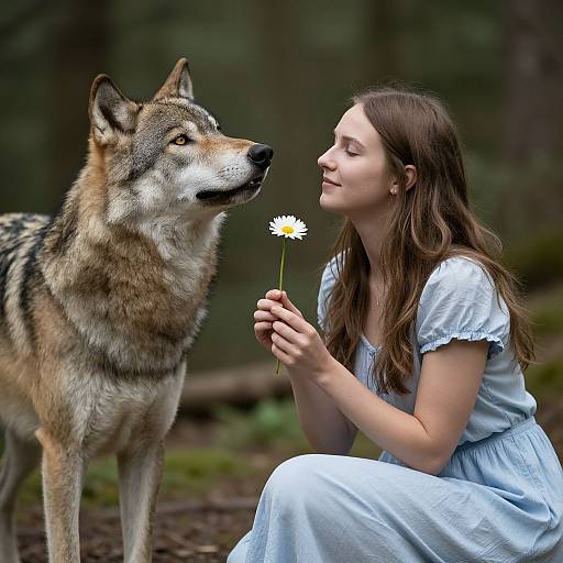 Photograph of a young woman with long brown hair, wearing a light blue dress, holding a daisy, kneeling beside a standing wolf in a forest