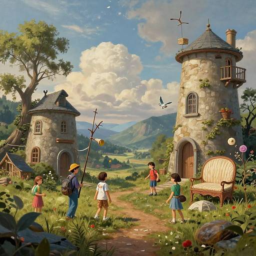 Digital painting of a whimsical village: four children explore stone towers with round roofs, surrounded by flowers and a sunny, mountainous landscape.