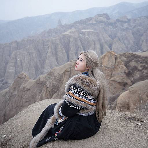 Photograph of a young woman with long blonde hair, wearing a black fur-trimmed traditional coat, sitting on a rocky cliff, gazing at