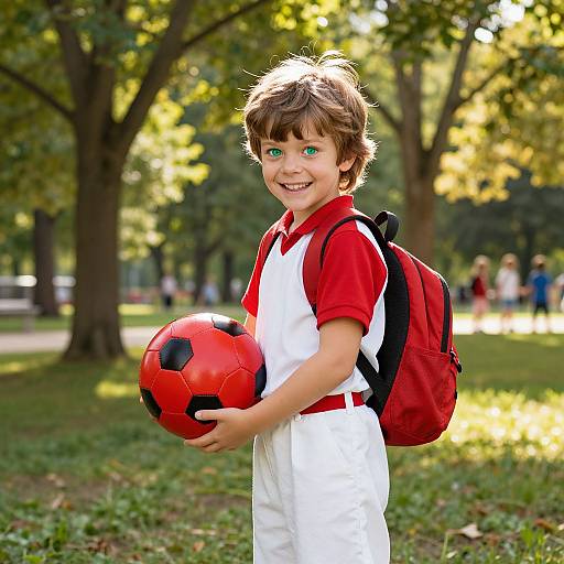 Photograph of a smiling young boy with brown hair, green eyes, and red-white soccer uniform, holding a red black-patterned ball, wearing a
