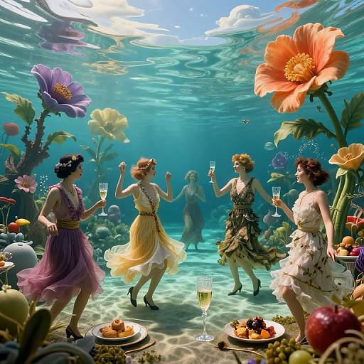 Underwater fantasy scene: four elegant women in flowing dresses, holding champagne glasses, dancing among vibrant flowers and floating food, illuminated by sunlight. Digital art