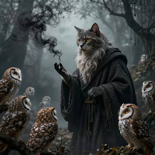 Digital artwork: A mystical, long-haired gray cat wizard in dark robes smokes a pipe surrounded by owl-like birds in a foggy, dark forest