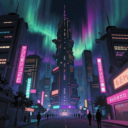 Neon-lit, cyberpunk city street at night with towering skyscrapers, vibrant purple and green auroras, colorful neon signs, and sil
