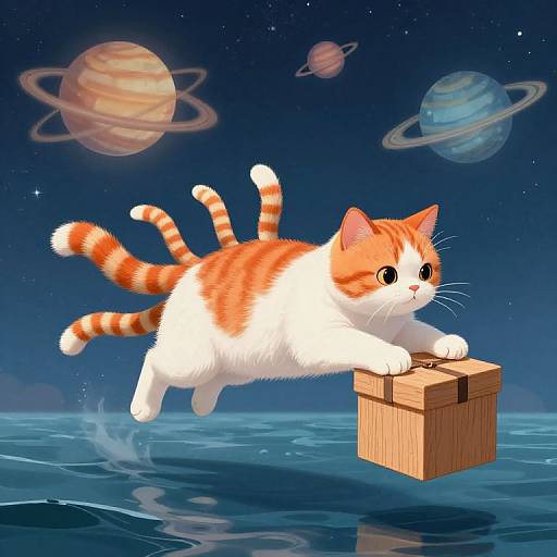 Digital illustration of a cute, orange-and-white tabby cat with wide eyes, jumping over a wooden crate in a starry, planetary night sky above