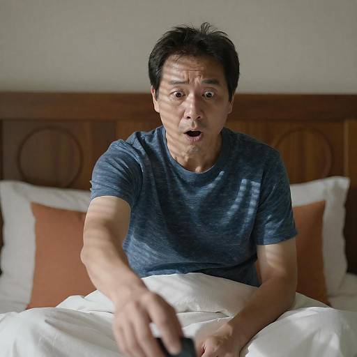 Shocked Man in Sunlit Bedroom