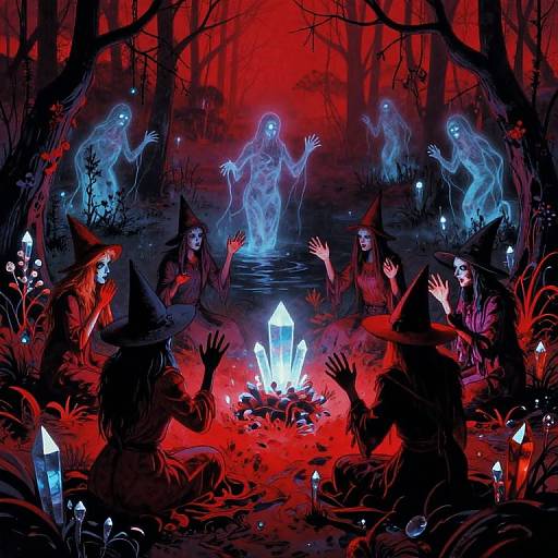 Digital artwork of dark forest with red and blue glowing light, witches with hats around crystal fire, ghostly blue spirits in background.