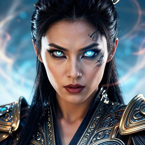 Digital art of a fierce, dark-haired woman with glowing blue eyes, intricate black armor, and a smoky blue background. Her intense gaze and detailed