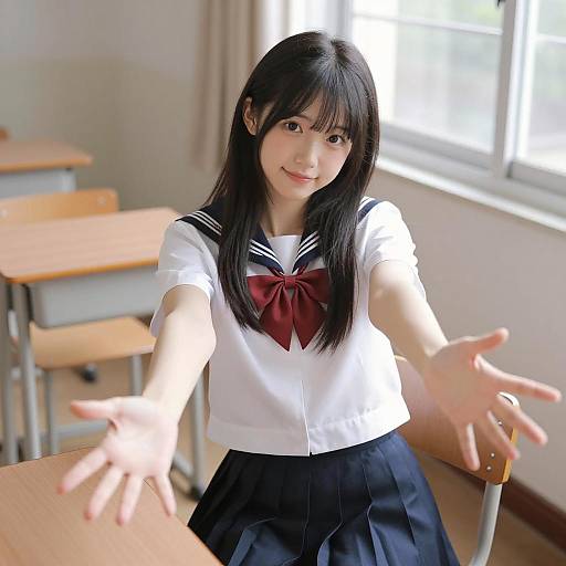 Japanese Schoolgirl in a Bright Classroom