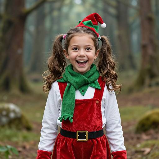 Photograph of a smiling young girl with curly brown hair in pigtails, wearing a red velvet dress, white shirt, green scarf, and Santa