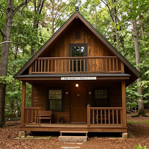 Photograph of a rustic, wooden cabin with a sign reading 