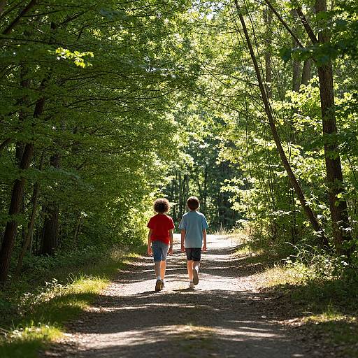 Photograph of two children, a boy in red and a boy in blue, walking hand-in-hand down a sunlit forest path.