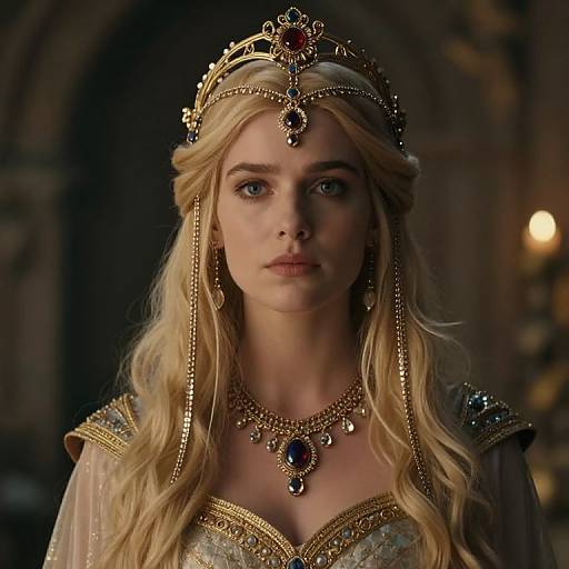 Photograph of a blonde woman with long hair, wearing an ornate gold crown, necklace, and jeweled dress, in a dimly lit,