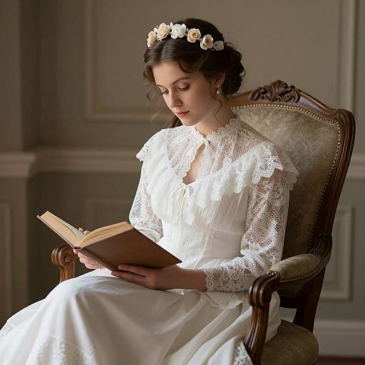 Photograph of a fair-skinned, dark-haired bride in a white lace wedding dress, reading a book in an elegant, dimly lit room.