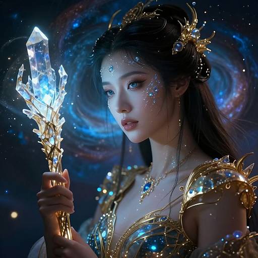 Digital fantasy artwork of a beautiful Asian woman with glowing blue eyes, holding a crystal staff, adorned in golden, star-embedded armor, against a cosmic