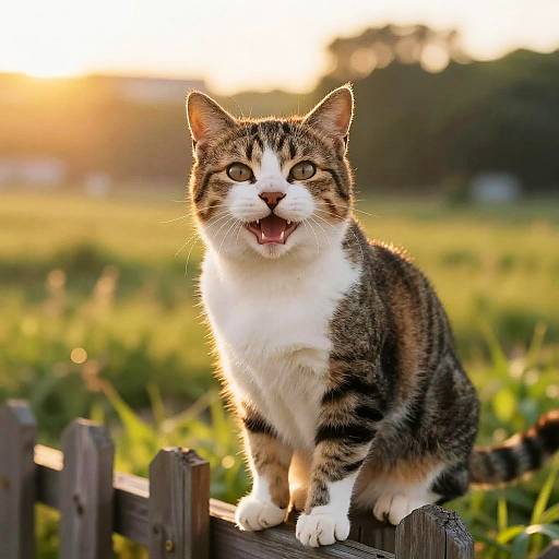 Smiling Cat on Rustic Fence at Dawn