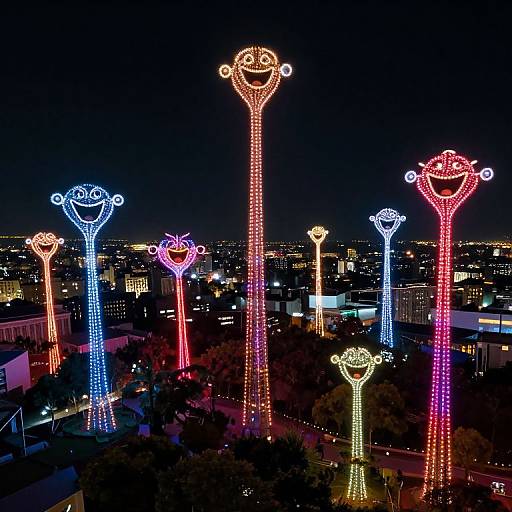 Nighttime photograph of brightly lit, colorful, tall, abstract sculptures resembling smiling faces, standing in a cityscape with city lights in the background.