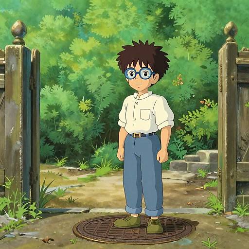 Boy with Glasses by Park Entrance