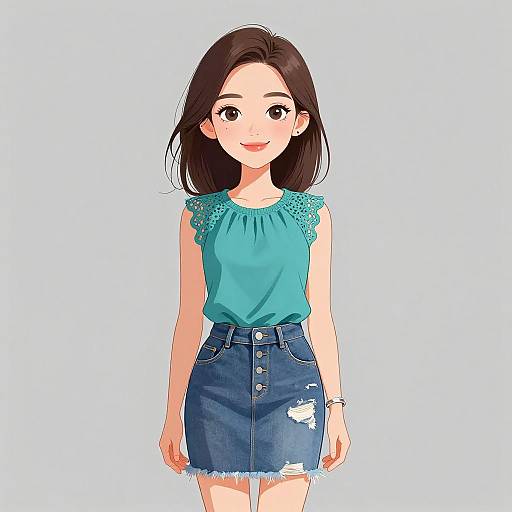 Digital anime-style drawing of a cute young Asian woman with straight black hair, wearing a blue lace-trimmed top and distressed denim skirt, smiling against