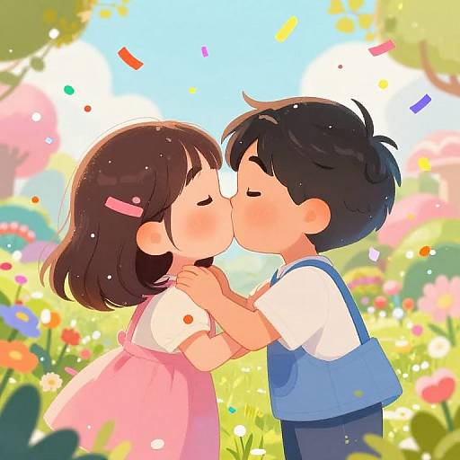 Cute anime-style illustration of a brown-haired girl in a pink dress and a black-haired boy in blue overalls kissing in a colorful, sunlit