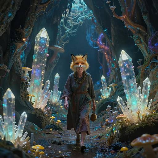 Elderly Woman in a Bioluminescent Cave