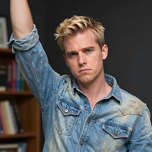Serious blond man raising arm in denim shirt