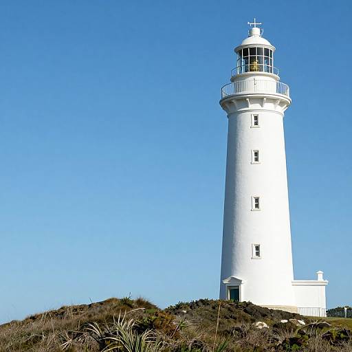 Photograph of a tall, white lighthouse standing on a grassy hill against a clear, bright blue sky.