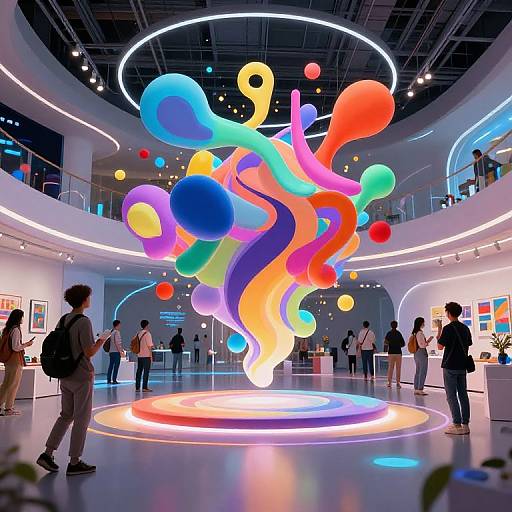 Photograph of a modern art gallery with colorful, abstract, floating bubble-like sculptures, illuminated in bright hues, surrounded by visitors.