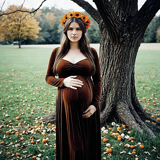 Pregnant Woman in Brown Dress with Sunflower Crown Outdoors