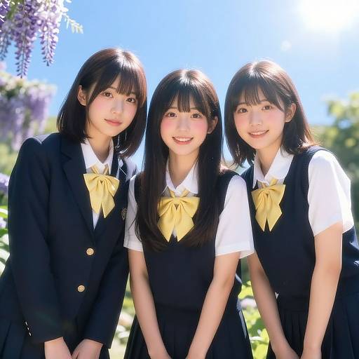 Photograph of three Asian teenage girls in black school uniforms with white shirts and yellow bows, standing closely together outdoors on a sunny day, smiling at the