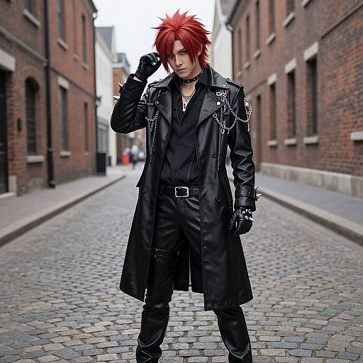 Photorealistic CGI of a red-haired anime character in a black leather coat, gloves, and pants, standing on a cobblestone alley between brick