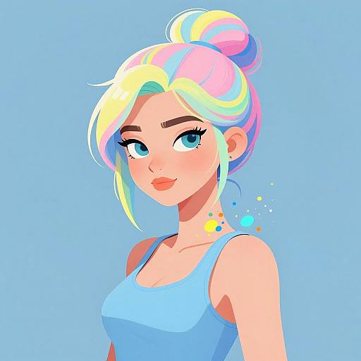 Digital anime-style portrait of a cute, light-skinned woman with rainbow hair, blue eyes, wearing a light blue tank top, against a solid blue