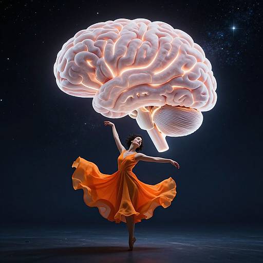 Digital artwork of a dancer in an orange dress balancing a glowing, luminous brain in a starry space. Dynamic, surreal, and ethereal.