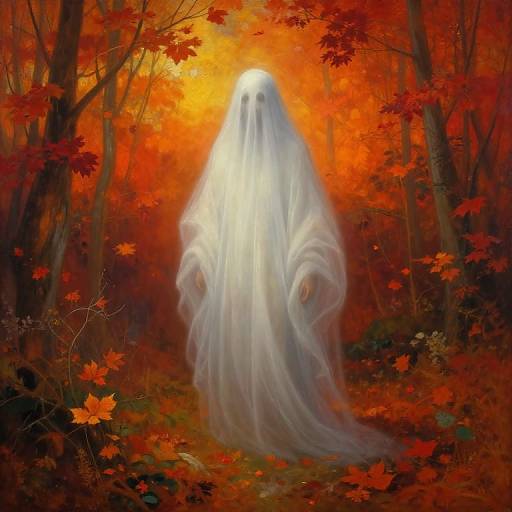 Digital painting of a white ghost with glowing eyes standing in an autumn forest, surrounded by vibrant red and orange leaves.