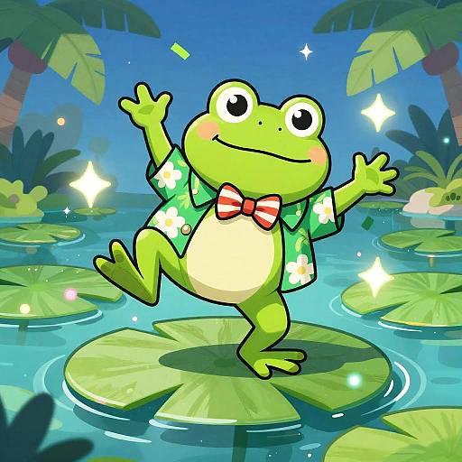 Cartoon frog in a green floral shirt with a red bow tie, joyfully standing on a lily pad in a sparkling blue pond, surrounded by
