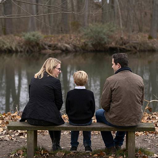 Three People on Autumn Forest Bench