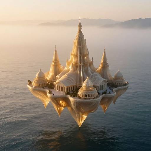 Photorealistic CGI of a golden, floating temple with multiple domes, reflecting on calm ocean waters at sunrise.
