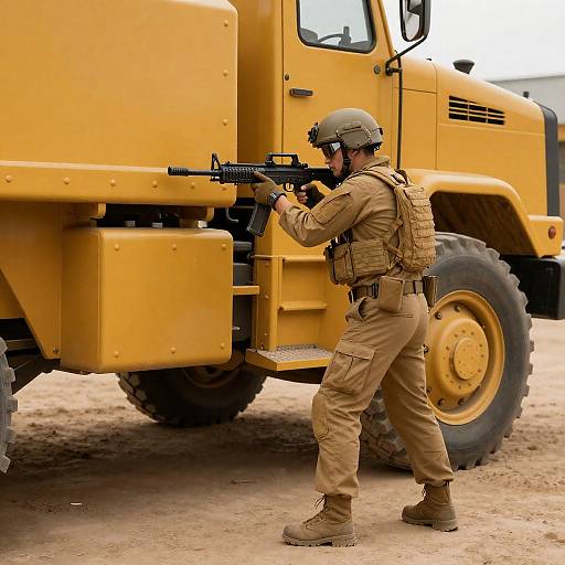 Soldier Aiming at Yellow Industrial Vehicle