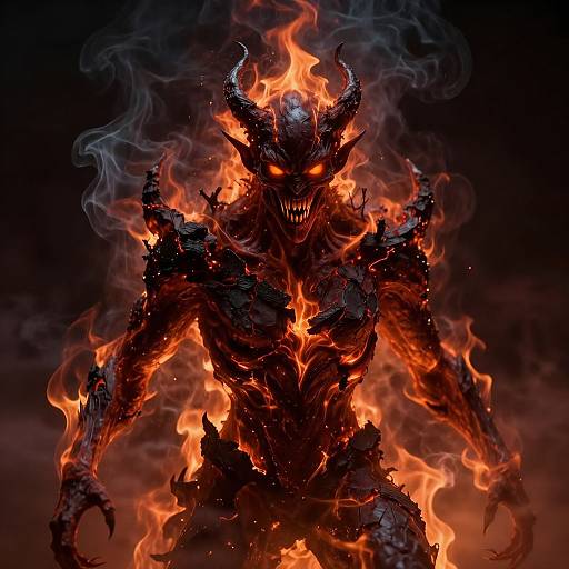 Digital artwork of a fiery, demonic creature with glowing orange eyes, sharp horns, and black, charred skin, engulfed in intense flames. Dark