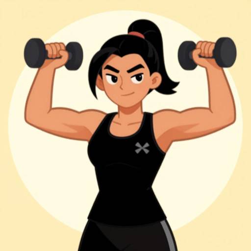 Digital cartoon of a muscular woman with black hair in a ponytail, lifting black dumbbells, wearing a black athletic tank top and black leggings.