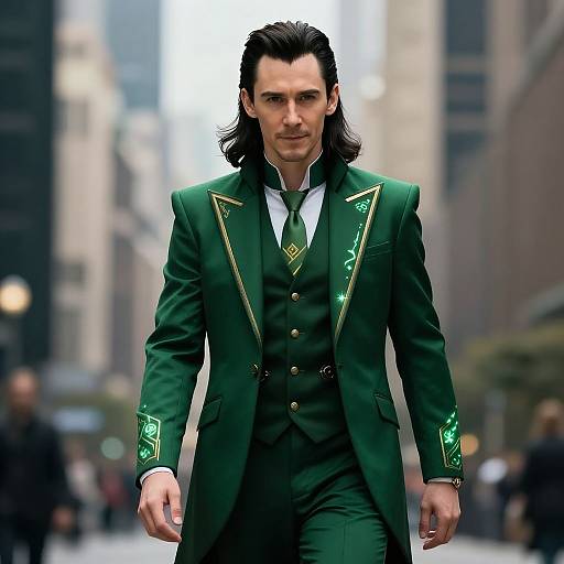 Photograph of a man with dark hair in a green, ornately embroidered three-piece suit, walking confidently in a city street.