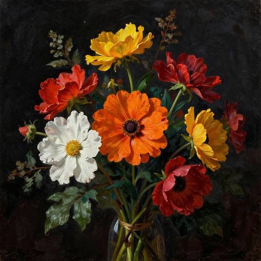 Photograph of a vibrant flower bouquet with white, orange, yellow, and red daisies against a dark, textured background.