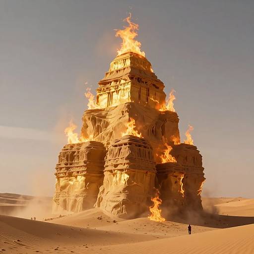 Photograph of a massive, fiery, sandstone rock formation with flames engulfing its top in a desert landscape, with a small figure in the foreground