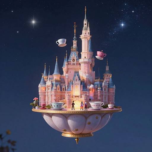 Fantastical CGI castle floating in a starry night sky, adorned with teacups, a couple, and pink roses on a white lotus
