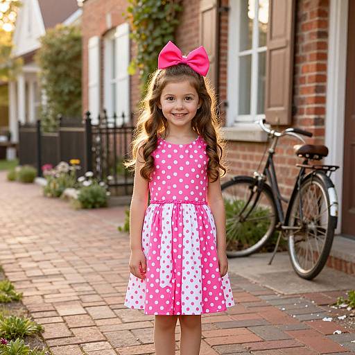Photograph of a smiling young girl with long brown hair, wearing a pink polka dot dress and large pink bow, standing on a brick sidewalk with