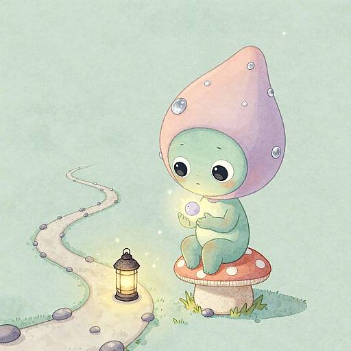 Whimsical Alien Sitting on Mushroom Stool