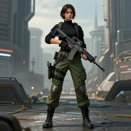 CGI image of a focused, brunette woman with short hair, wearing tactical gear, green cargo pants, and black boots, holding a rifle in a