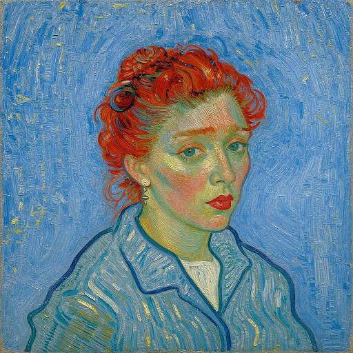 Vincent van Gogh-style oil painting of a woman with red hair, blue eyes, red lips, wearing a light blue shirt, against a vibrant