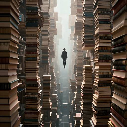 Hovering Figure Over Labyrinth of Books