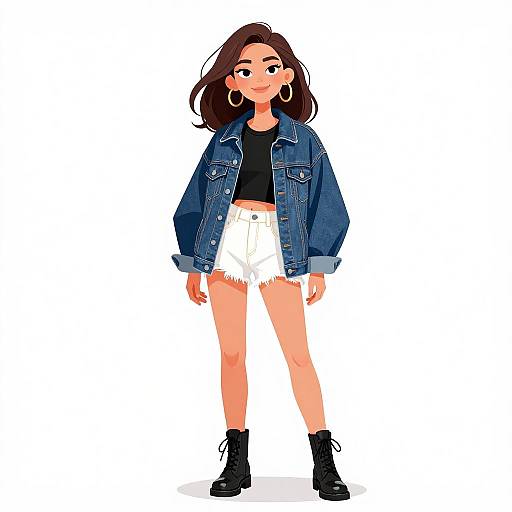 Digital illustration of a smiling woman with brown hair, wearing a denim jacket, black crop top, white high-waisted shorts, and black ankle boots